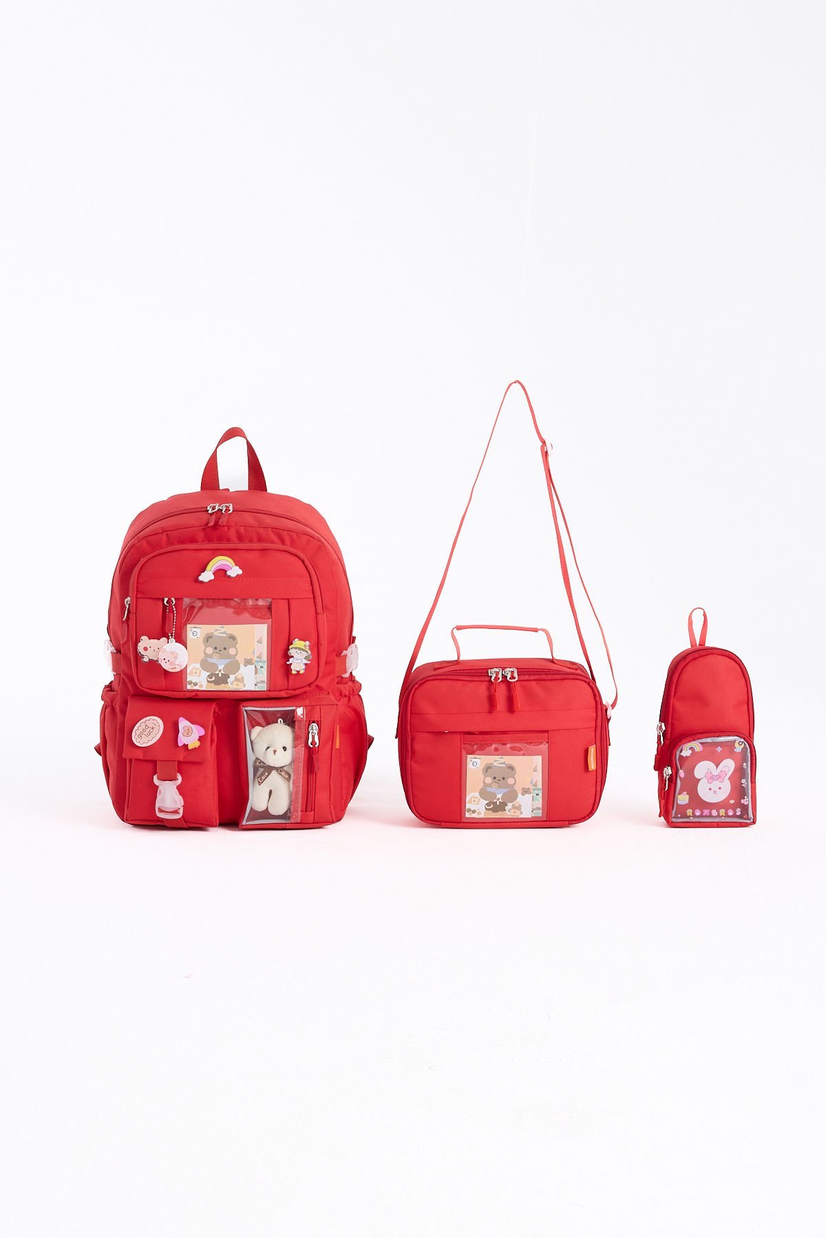 Roxbros Kawaii Kore Tarzı Aksesuarlı 3'lü Set Çocuk İlkokul Çantası Kalemlikli Beslenme Çantalı Sırt Çantası (KIRMIZI)