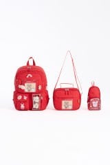 Roxbros Kawaii Kore Tarzı Aksesuarlı 3'lü Set Çocuk İlkokul Çantası Kalemlikli Beslenme Çantalı Sırt Çantası (KIRMIZI)