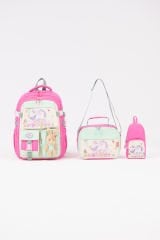 Roxbros Unicorn Figürlü 3'lü Kız Çocuk Okul Çantası Seti - Kalemlik ve Termal Beslenmeli İlkokul Çantası (Fuşya - Su Yeşili)