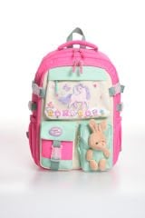 Roxbros Unicorn Figürlü 3'lü Kız Çocuk Okul Çantası Seti - Kalemlik ve Termal Beslenmeli İlkokul Çantası (Fuşya - Su Yeşili)