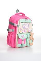 Roxbros Unicorn Figürlü 3'lü Kız Çocuk Okul Çantası Seti - Kalemlik ve Termal Beslenmeli İlkokul Çantası (Fuşya - Su Yeşili)