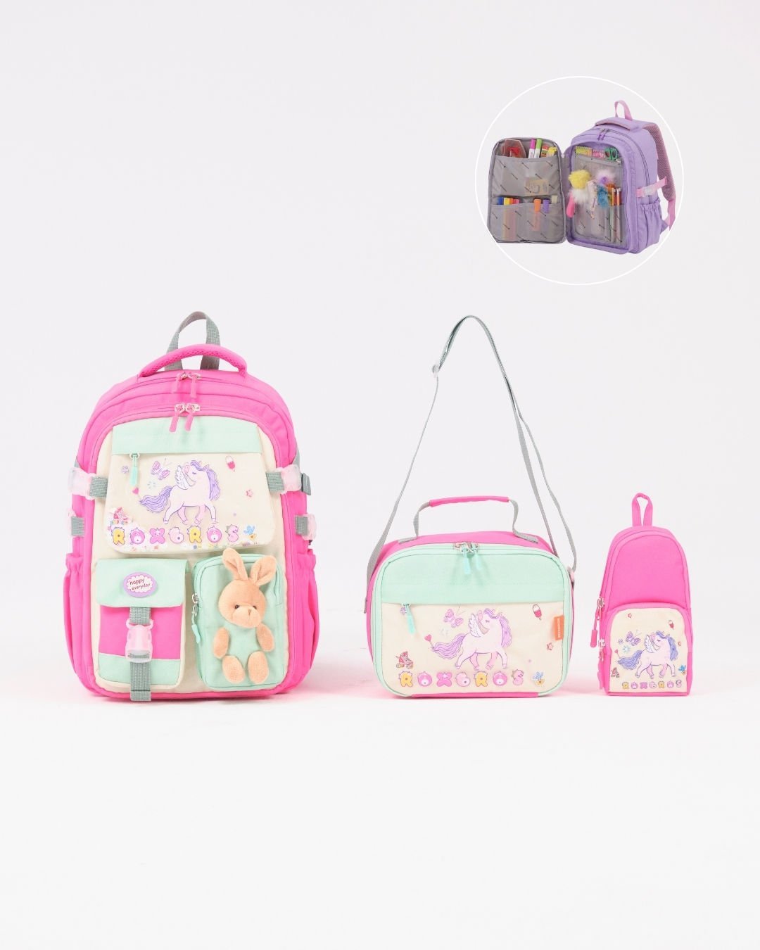 Roxbros Unicorn Figürlü 3'lü Kız Çocuk Okul Çantası Seti - Kalemlik ve Termal Beslenmeli İlkokul Çantası (Fuşya - Su Yeşili)