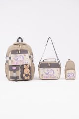 Roxbros Unicorn Figürlü 3'lü Kız Çocuk Okul Çantası Seti - Kalemlik ve Termal Beslenmeli İlkokul Çantası (Bej - Kahverengi)