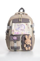 Roxbros Unicorn Figürlü 3'lü Kız Çocuk Okul Çantası Seti - Kalemlik ve Termal Beslenmeli İlkokul Çantası (Bej - Kahverengi)