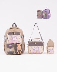 Roxbros Unicorn Figürlü 3'lü Kız Çocuk Okul Çantası Seti - Kalemlik ve Termal Beslenmeli İlkokul Çantası (Bej - Kahverengi)