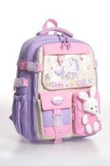 Roxbros Unicorn Figürlü 3'lü Kız Çocuk Okul Çantası Seti - Kalemlik ve Termal Beslenmeli İlkokul Çantası (Lila - Pembe)