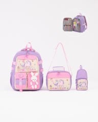 Roxbros Unicorn Figürlü 3'lü Kız Çocuk Okul Çantası Seti - Kalemlik ve Termal Beslenmeli İlkokul Çantası (Lila - Pembe)