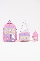 Roxbros Unicorn Figürlü 3'lü Kız Çocuk Okul Çantası Seti - Kalemlik ve Termal Beslenmeli İlkokul Çantası (Pembe - Lila)