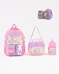 Roxbros Unicorn Figürlü 3'lü Kız Çocuk Okul Çantası Seti - Kalemlik ve Termal Beslenmeli İlkokul Çantası (Pembe - Lila)
