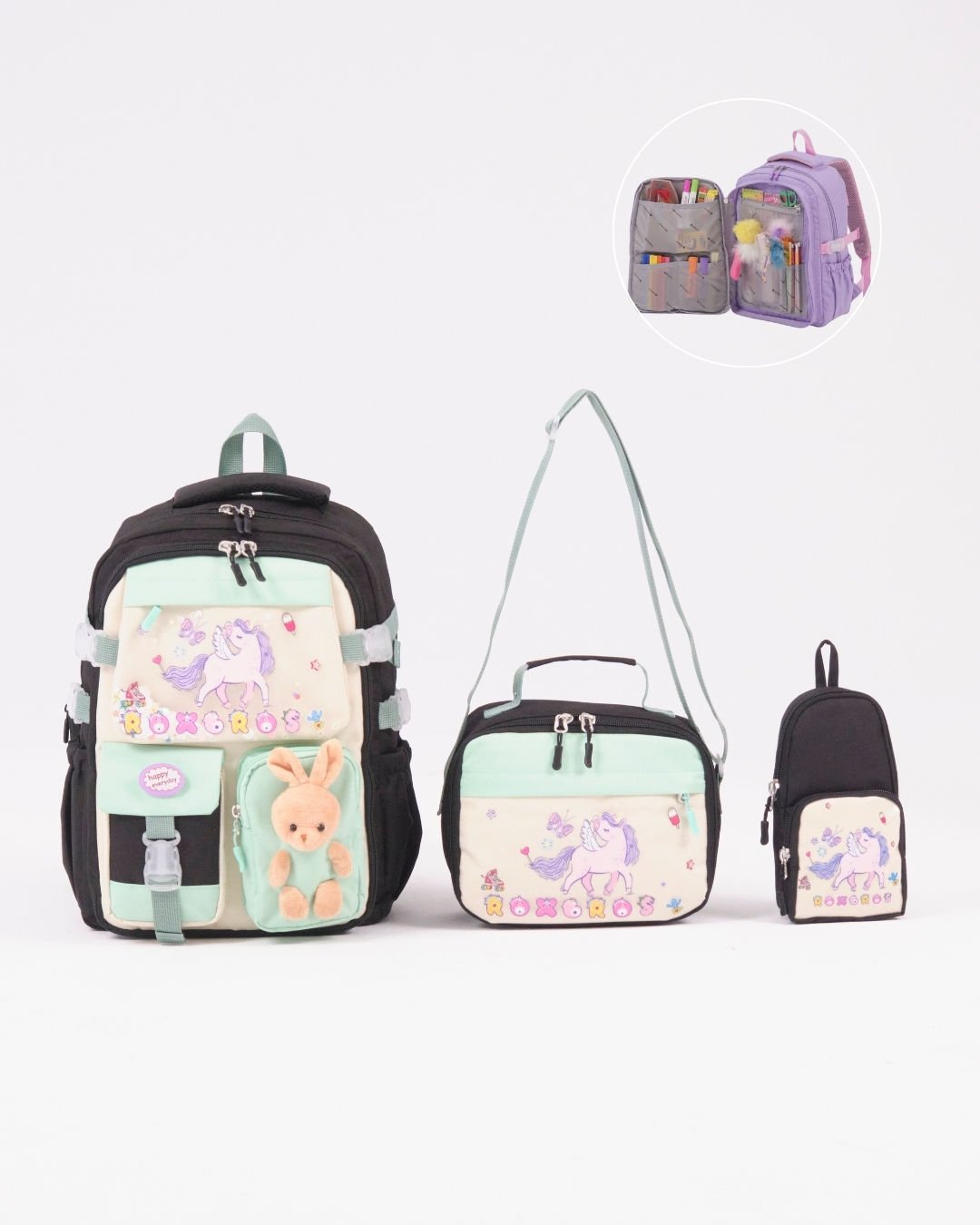 Roxbros Unicorn Figürlü 3'lü Kız Çocuk Okul Çantası Seti - Kalemlik ve Termal Beslenmeli İlkokul Çantası (Su Yeşili - Lila)