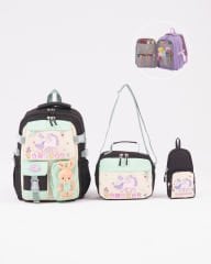 Roxbros Unicorn Figürlü 3'lü Kız Çocuk Okul Çantası Seti - Kalemlik ve Termal Beslenmeli İlkokul Çantası (Su Yeşili - Lila)