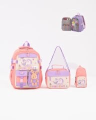 Roxbros Unicorn Figürlü 3'lü Kız Çocuk Okul Çantası Seti - Kalemlik ve Termal Beslenmeli İlkokul Çantası (Pudra - Lila)