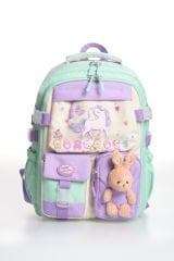 Roxbros Unicorn Figürlü 3'lü Kız Çocuk Okul Çantası Seti - Kalemlik ve Termal Beslenmeli İlkokul Çantası (Su Yeşili - Lila)