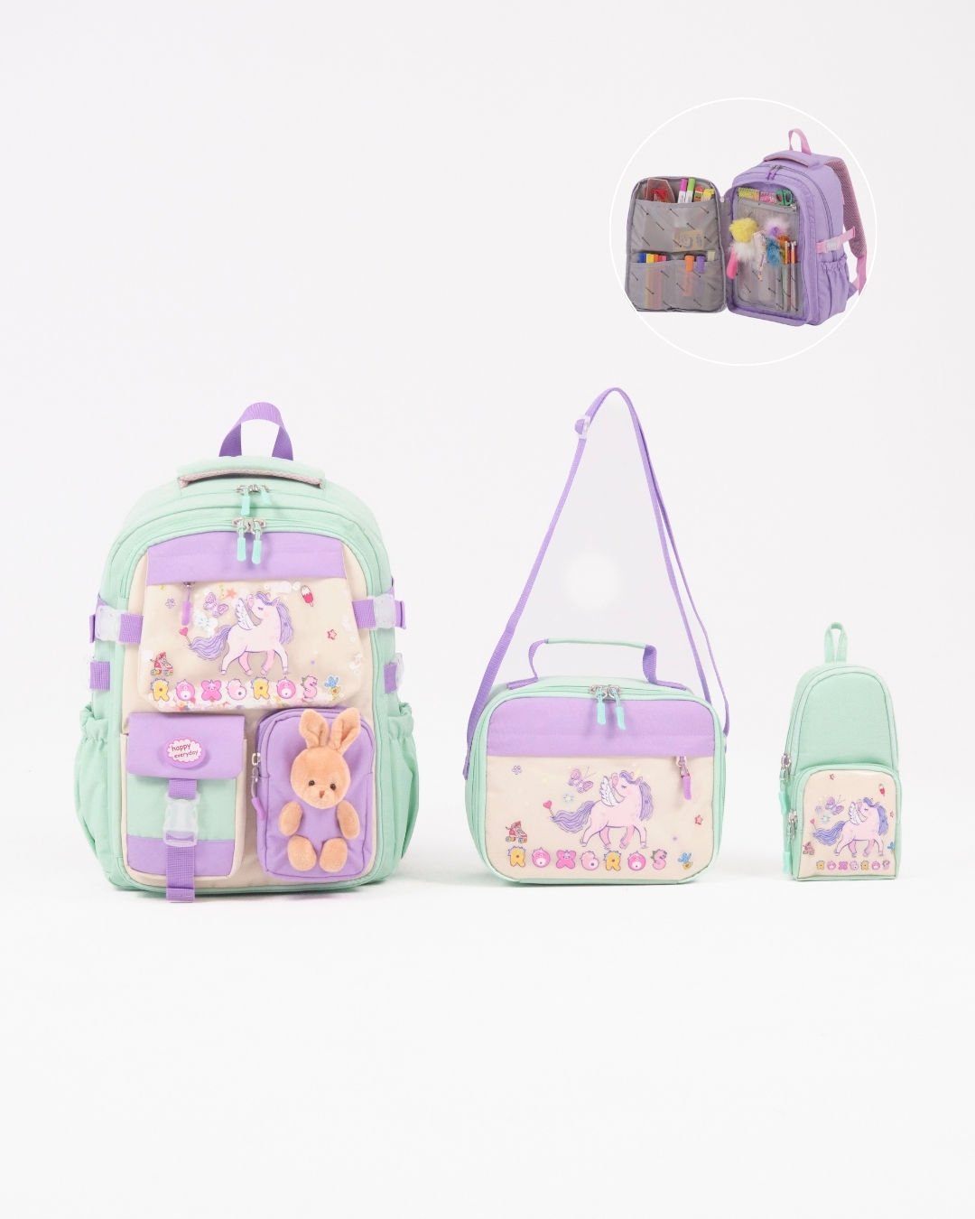 Roxbros Unicorn Figürlü 3'lü Kız Çocuk Okul Çantası Seti - Kalemlik ve Termal Beslenmeli İlkokul Çantası (Su Yeşili - Lila)