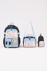 Roxbros Unicorn Figürlü 3'lü Kız Çocuk Okul Çantası Seti - Kalemlik ve Termal Beslenmeli İlkokul Çantası (Siyah - Turkuaz)