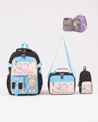 Roxbros Unicorn Figürlü 3'lü Kız Çocuk Okul Çantası Seti - Kalemlik ve Termal Beslenmeli İlkokul Çantası (Siyah - Turkuaz)