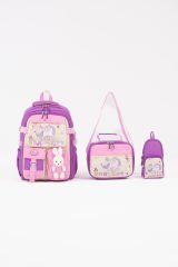 Roxbros Unicorn Figürlü 3'lü Kız Çocuk Okul Çantası Seti - Kalemlik ve Termal Beslenmeli İlkokul Çantası (Mor - Pembe)