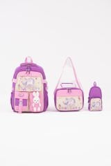 Roxbros Unicorn Figürlü 3'lü Kız Çocuk Okul Çantası Seti - Kalemlik ve Termal Beslenmeli İlkokul Çantası (Mor - Pembe)