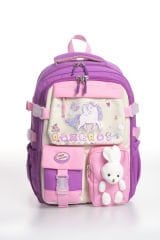 Roxbros Unicorn Figürlü 3'lü Kız Çocuk Okul Çantası Seti - Kalemlik ve Termal Beslenmeli İlkokul Çantası (Mor - Pembe)