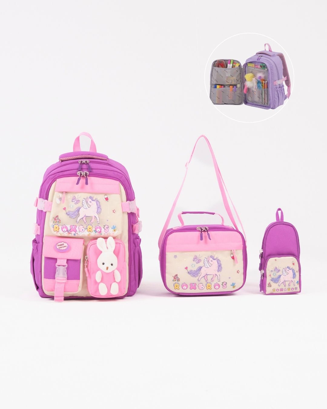Roxbros Unicorn Figürlü 3'lü Kız Çocuk Okul Çantası Seti - Kalemlik ve Termal Beslenmeli İlkokul Çantası (Mor - Pembe)