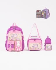 Roxbros Unicorn Figürlü 3'lü Kız Çocuk Okul Çantası Seti - Kalemlik ve Termal Beslenmeli İlkokul Çantası (Mor - Pembe)