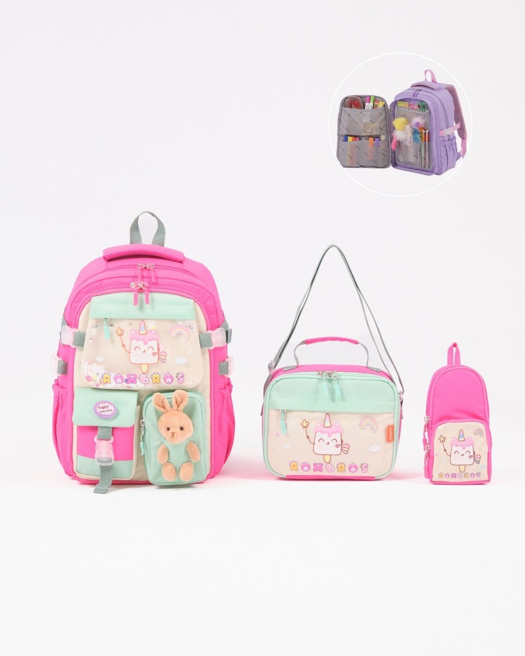 Roxbros Dondurma Figürlü 3'lü Kız Çocuk Okul Çantası Seti - Kalemlik ve Termal Beslenmeli İlkokul Çantası (Fuşya - Su Yeşili)