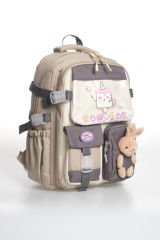 Roxbros Dondurma Figürlü 3'lü Kız Çocuk Okul Çantası Seti - Kalemlik ve Termal Beslenmeli İlkokul Çantası (Bej - Kahverengi)