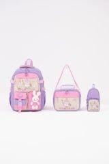 Roxbros Dondurma Figürlü 3'lü Kız Çocuk Okul Çantası Seti - Kalemlik ve Termal Beslenmeli İlkokul Çantası (Lila - Pembe)