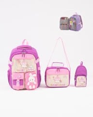 Roxbros Dondurma Figürlü 3'lü Kız Çocuk Okul Çantası Seti - Kalemlik ve Termal Beslenmeli İlkokul Çantası (Mor - Pembe)