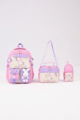 Roxbros Dondurma Figürlü 3'lü Kız Çocuk Okul Çantası Seti - Kalemlik ve Termal Beslenmeli İlkokul Çantası (Pembe - Lila)