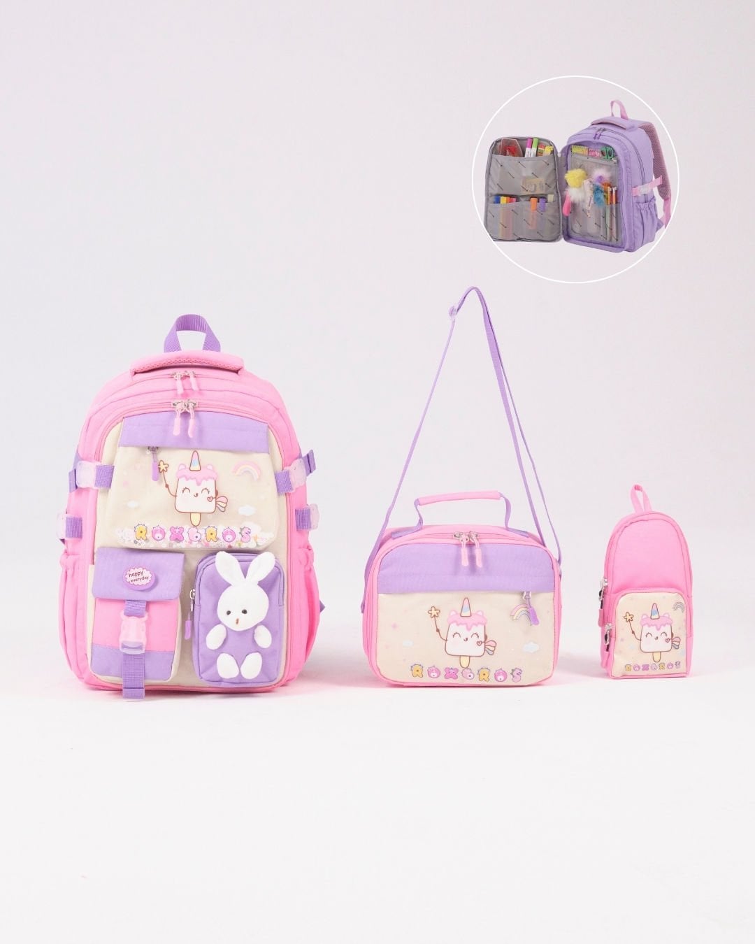 Roxbros Dondurma Figürlü 3'lü Kız Çocuk Okul Çantası Seti - Kalemlik ve Termal Beslenmeli İlkokul Çantası (Pembe - Lila)