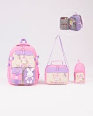Roxbros Dondurma Figürlü 3'lü Kız Çocuk Okul Çantası Seti - Kalemlik ve Termal Beslenmeli İlkokul Çantası (Pembe - Lila)