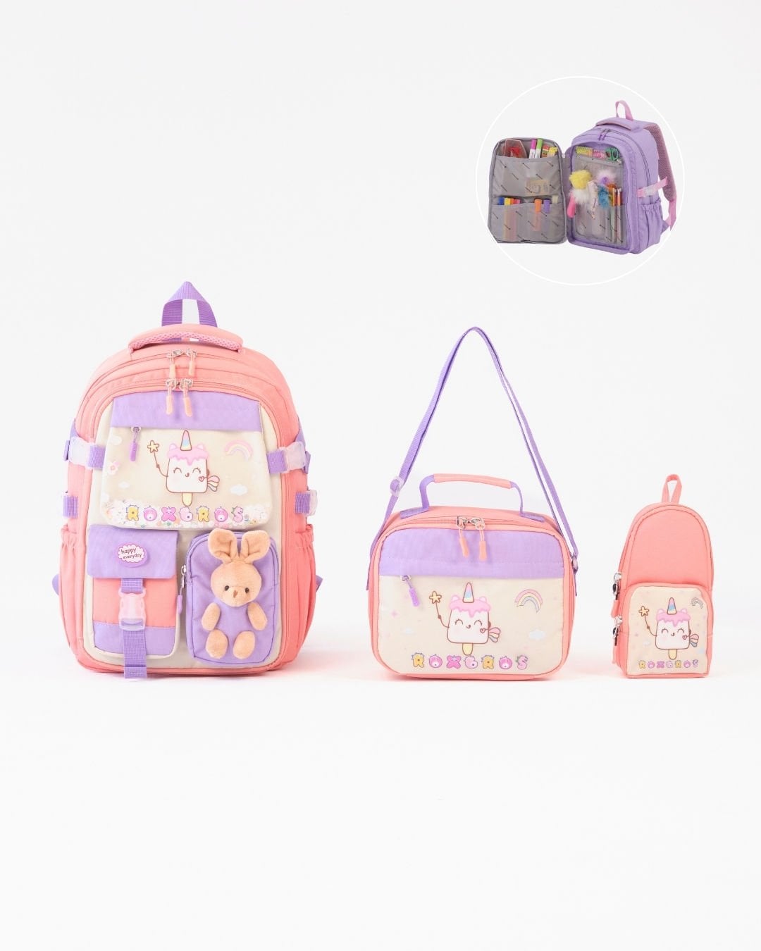 Roxbros Dondurma Figürlü 3'lü Kız Çocuk Okul Çantası Seti - Kalemlik ve Termal Beslenmeli İlkokul Çantası (Pudra - Lila)
