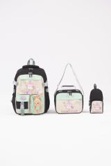 Roxbros Dondurma Figürlü 3'lü Kız Çocuk Okul Çantası Seti - Kalemlik ve Termal Beslenmeli İlkokul Çantası (Siyah - Su Yeşili)