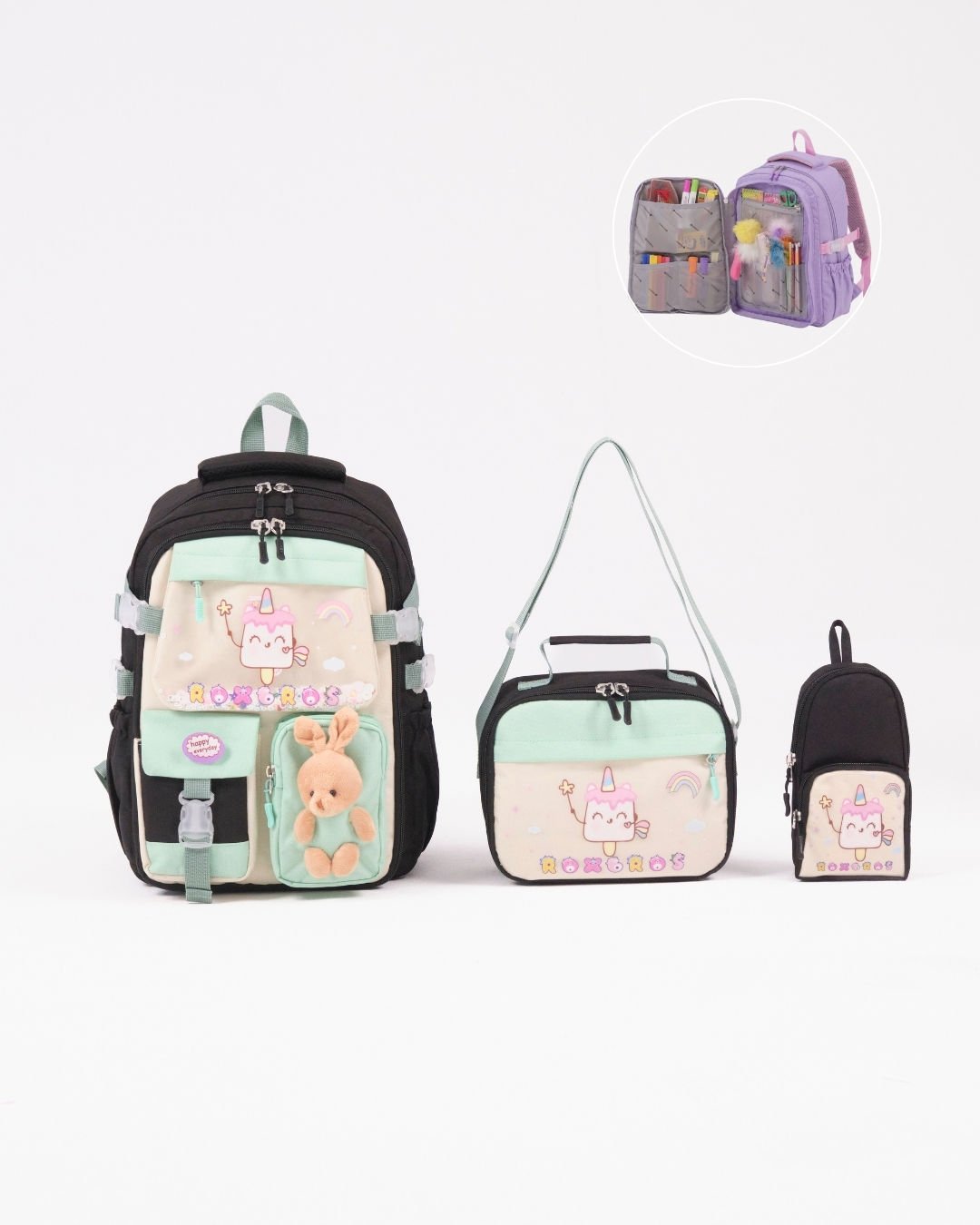 Roxbros Dondurma Figürlü 3'lü Kız Çocuk Okul Çantası Seti - Kalemlik ve Termal Beslenmeli İlkokul Çantası (Siyah - Su Yeşili)