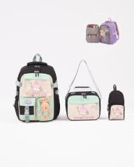 Roxbros Dondurma Figürlü 3'lü Kız Çocuk Okul Çantası Seti - Kalemlik ve Termal Beslenmeli İlkokul Çantası (Siyah - Su Yeşili)