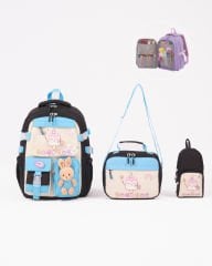 Roxbros Dondurma Figürlü 3'lü Kız Çocuk Okul Çantası Seti - Kalemlik ve Termal Beslenmeli İlkokul Çantası (Siyah - Turkuaz)