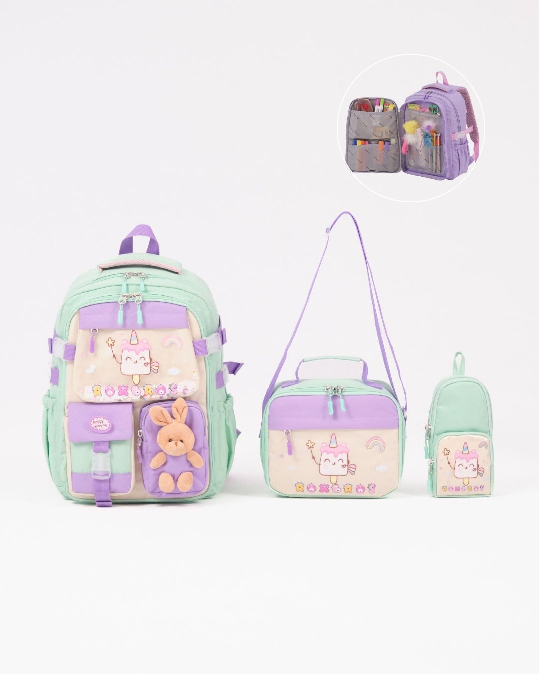 Roxbros Dondurma Figürlü 3'lü Kız Çocuk Okul Çantası Seti - Kalemlik ve Termal Beslenmeli İlkokul Çantası (Su Yeşili - Lila)