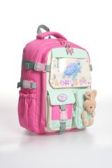 Roxbros Kaplumbağa Figürlü 3'lü Kız Çocuk Okul Çantası Seti - Kalemlik ve Beslenmeli İlkokul Sırt Çantası (Fuşya - Su Yeşili)