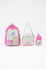 Roxbros Kaplumbağa Figürlü 3'lü Kız Çocuk Okul Çantası Seti - Kalemlik ve Beslenmeli İlkokul Sırt Çantası (Fuşya - Su Yeşili)