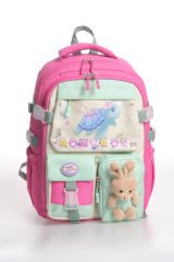 Roxbros Kaplumbağa Figürlü 3'lü Kız Çocuk Okul Çantası Seti - Kalemlik ve Beslenmeli İlkokul Sırt Çantası (Fuşya - Su Yeşili)