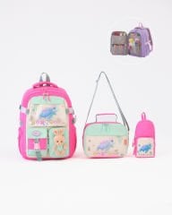 Roxbros Kaplumbağa Figürlü 3'lü Kız Çocuk Okul Çantası Seti - Kalemlik ve Beslenmeli İlkokul Sırt Çantası (Fuşya - Su Yeşili)
