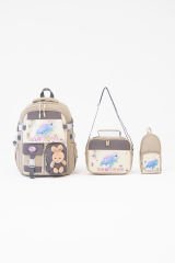 Roxbros Kaplumbağa Figürlü 3'lü Kız Çocuk Okul Çantası Seti - Kalemlik ve Beslenmeli İlkokul Sırt Çantası (Bej - Kahverengi)