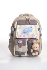 Roxbros Kaplumbağa Figürlü 3'lü Kız Çocuk Okul Çantası Seti - Kalemlik ve Beslenmeli İlkokul Sırt Çantası (Bej - Kahverengi)