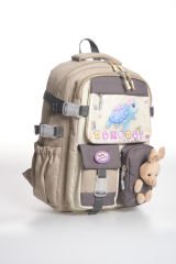 Roxbros Kaplumbağa Figürlü 3'lü Kız Çocuk Okul Çantası Seti - Kalemlik ve Beslenmeli İlkokul Sırt Çantası (Bej - Kahverengi)