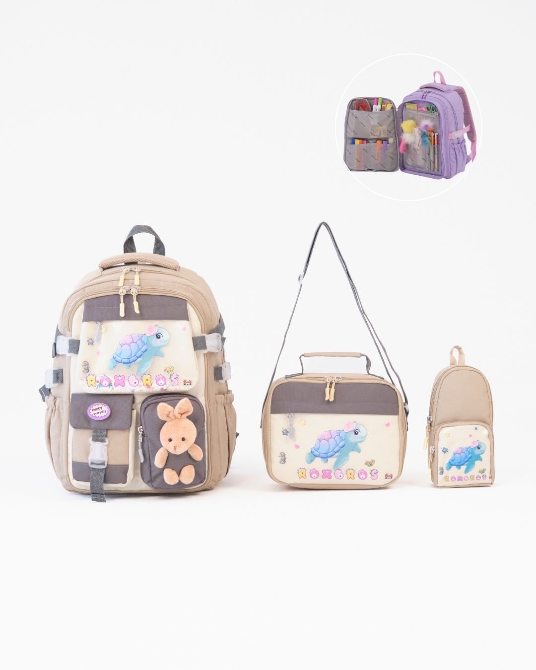Roxbros Kaplumbağa Figürlü 3'lü Kız Çocuk Okul Çantası Seti - Kalemlik ve Beslenmeli İlkokul Sırt Çantası (Bej - Kahverengi)