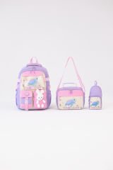 Roxbros Kaplumbağa Figürlü 3'lü Kız Çocuk Okul Çantası Seti - Kalemlik ve Beslenmeli İlkokul Sırt Çantası (Lila - Pembe)