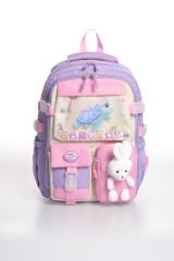 Roxbros Kaplumbağa Figürlü 3'lü Kız Çocuk Okul Çantası Seti - Kalemlik ve Beslenmeli İlkokul Sırt Çantası (Lila - Pembe)