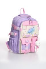 Roxbros Kaplumbağa Figürlü 3'lü Kız Çocuk Okul Çantası Seti - Kalemlik ve Beslenmeli İlkokul Sırt Çantası (Lila - Pembe)