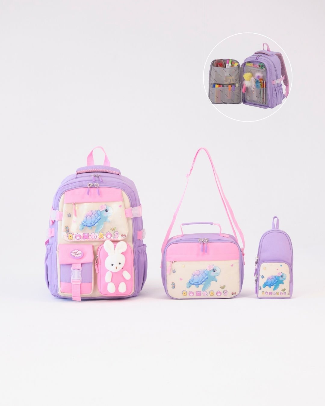 Roxbros Kaplumbağa Figürlü 3'lü Kız Çocuk Okul Çantası Seti - Kalemlik ve Beslenmeli İlkokul Sırt Çantası (Lila - Pembe)